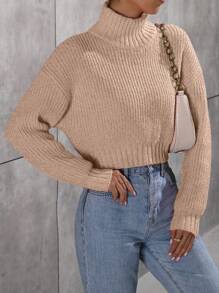 SHEIN Essnce 高領落肩袖套頭毛衣 - 駝色 - 查看 4