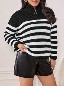 SHEIN Frenchy Plus Striped Pattern Half Zip Drop Shoulder Sweater - Black and White - View 1