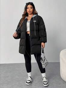 SHEIN EZwear Abrigo con capucha con cordón y hombros caídos acolchado 2 en 1 talla grande - Negro - Ver 4