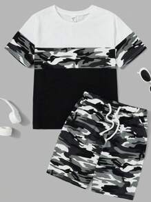 SHEIN 男大童迷彩印花撞色T恤&腰部抽繩短褲 - 彩色 - 查看 1