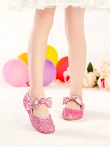 新品到貨發亮的粉色的金屬亮絲蝴蝶結平底鞋適用於兒童在秋天和冬天 - 粉色 - 查看 3