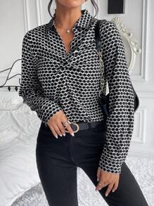 SHEIN Frenchy Allover Print Twist Front Blouse - Black - View 6