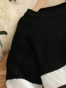 SHEIN Cô gái Tween Khối màu Thả vai Đầm Áo len Không có thắt lưng - Đen và trắng - Xem 3