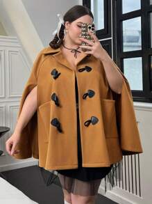 Flirla Plus Cloak Sleeve Duffle Cape Overcoat - Khaki - View 1