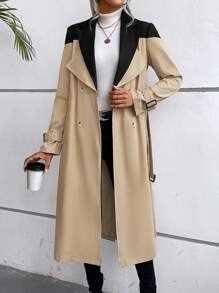 SHEIN LUNE Two Tone Double Breasted Belted Trench Coat - Apricot - View 1