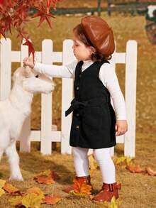 SHEIN Đứa bé gái Nút phía trước Thắt lưng Vải to sợi Áo vest Đầm Không có áo len - màu đen - Xem 5