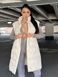 SHEIN SXY 素色腰部抽繩羽絨背心大衣 - 米色 - 查看 3