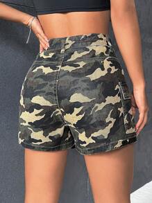 SHEIN EZwear 迷彩印花前紐扣牛仔裙褲 - 軍綠色 - 查看 2