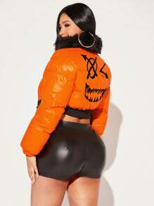 SHEIN SXY Halloween Print Zip Up Crop Padded Coat - Orange - View 3