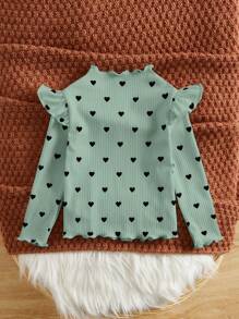 SHEIN Leap Crew Young Girl Heart Print Ruffle Trim Mock Neck Tee - Green - View 2