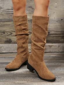 2023 Autumn & Winter Vintage Suede Over Knee Riding Boots For Women With Thick High Heel, Pointed Toe, And Ruffle Design - Brown - View 5