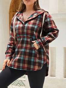 Áo nỉ cỡ lớn in họa tiết kẻ caro, cài nửa cúc và có dây rút. - Đỏ - Xem 3