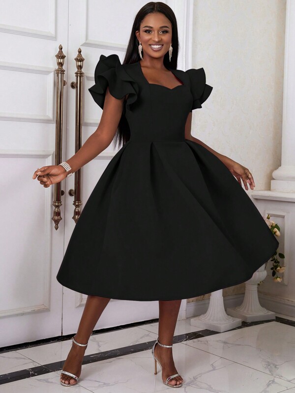 Women's Sweetheart Collar Ruffle Flare Hem Swing Party Graduation Outfit Dress With Cap Flared Sleeves Back To School