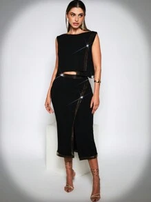 SHE(IN) BRASIL 素色織帶拼接背心上衣 - 黑色 - 查看 3