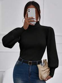 Cloudara Turtleneck Lantern Sleeve Ribbed Knit Sweater - Black - View 4