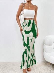 SHEIN Clasi 印花美人鱼裙摆女式半身裙 - 綠色 - 查看 4