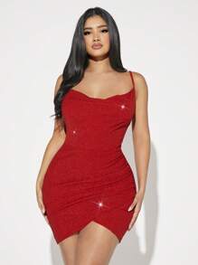 SHEIN SXY 垂領圍裹下擺金屬亮絲吊帶洋裝 - 紅色 - 查看 3