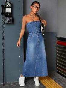 SHEIN ICON Button Front Tube Denim Dress - Medium Wash - View 2