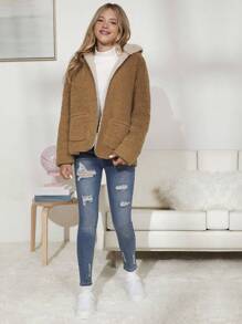 Teen Girl Dual Pocket Drop Shoulder Hooded Teddy Coat - Brown - View 3