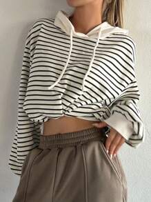 DAZY Striped Print Drop Shoulder Drawstring Hoodie,Long Sleeve Tops Sweatshirt - Apricot - View 6