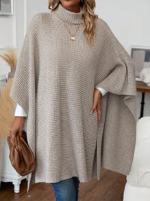 SHEIN LUNE 高領蝙蝠袖斗篷毛衣 - 卡其色 - 查看 5