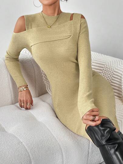 SHEIN Privé 素色鏤空緊身毛衣洋裝
