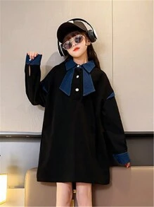 Tween Girl Contrast Panel Drop Shoulder Polo Neck Dress - Black - View 5