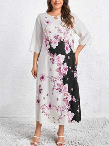 SHEIN Clasi 大码花卉印花锁孔领口连衣裙