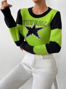 SHEIN Unity Star & Letter Pattern Colorblock Crop Sweater - Green - View 3