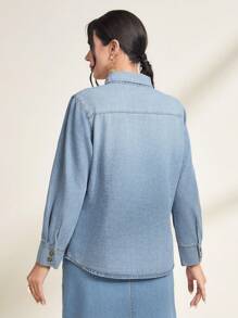 SHEIN Privé Ruffle Trim Button Front Denim Shirt - Blue - View 2