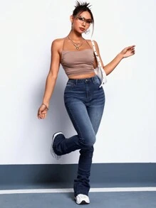 SHEIN ICON 高腰褶皺牛仔褲