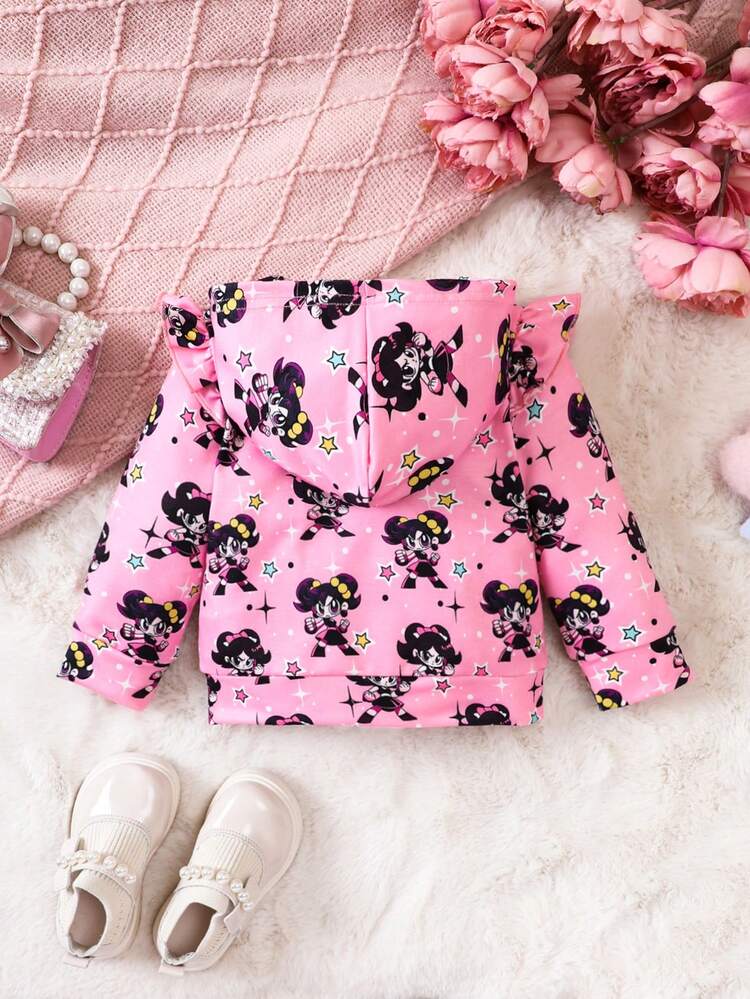 Baby Girl Cartoon Graphic Ruffle Trim Hooded Jacket