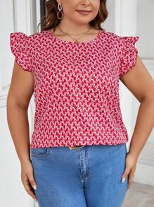 SHEIN Clasi 大碼滿版印花後綁帶荷葉邊襯衫 - 紅色 - 查看 1