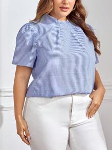 SHEIN Essnce 夏季条纹印花立领衬衫 - 藍白色 - 查看 3