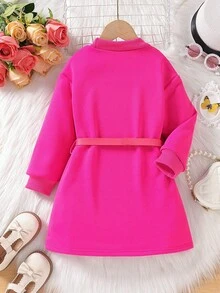 SHEIN 女小童字母圖案衛衣洋裝帶腰包 - 玫紅色 - 查看 2