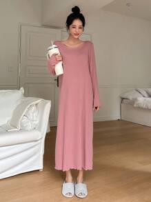 DAZY 纯色生菜花边睡裙 秋冬 - 粉色 - 查看 3