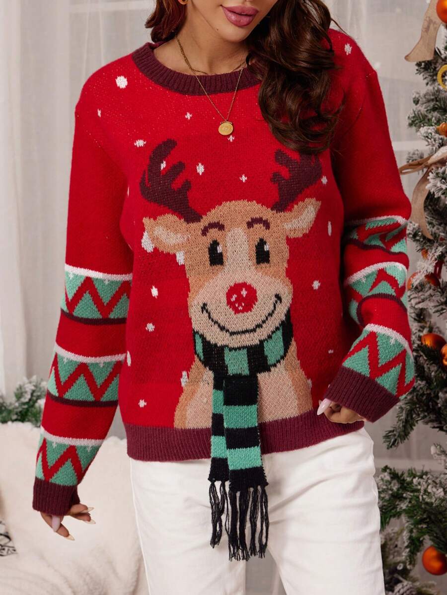SHEIN LUNE Christmas Pattern Drop Shoulder Sweater - Multicolor - View 1