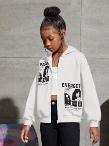 SHEIN 少女字母和图案落肩拉链卫衣 - 白色 - 查看 3