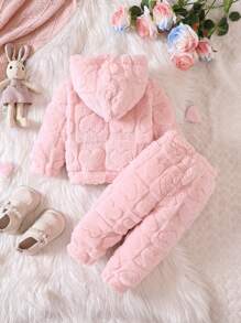 Baby Girl Solid Teddy Hoodie & Pants - Baby Pink - View 2