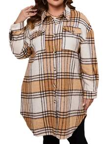 Plus Plaid Print Drop Shoulder Flap Pocket Coat - Khaki - View 6