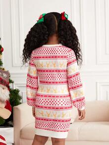 少女款心形几何印花灯笼袖卫衣裙 - 紅色 - 查看 2