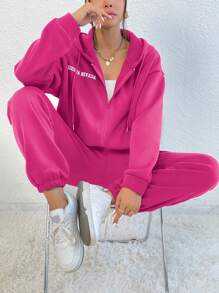 SHEIN Unity 字母圖案拉鏈開襟抽繩加絨內裏連帽衫和運動褲 - 玫紅色 - 查看 4