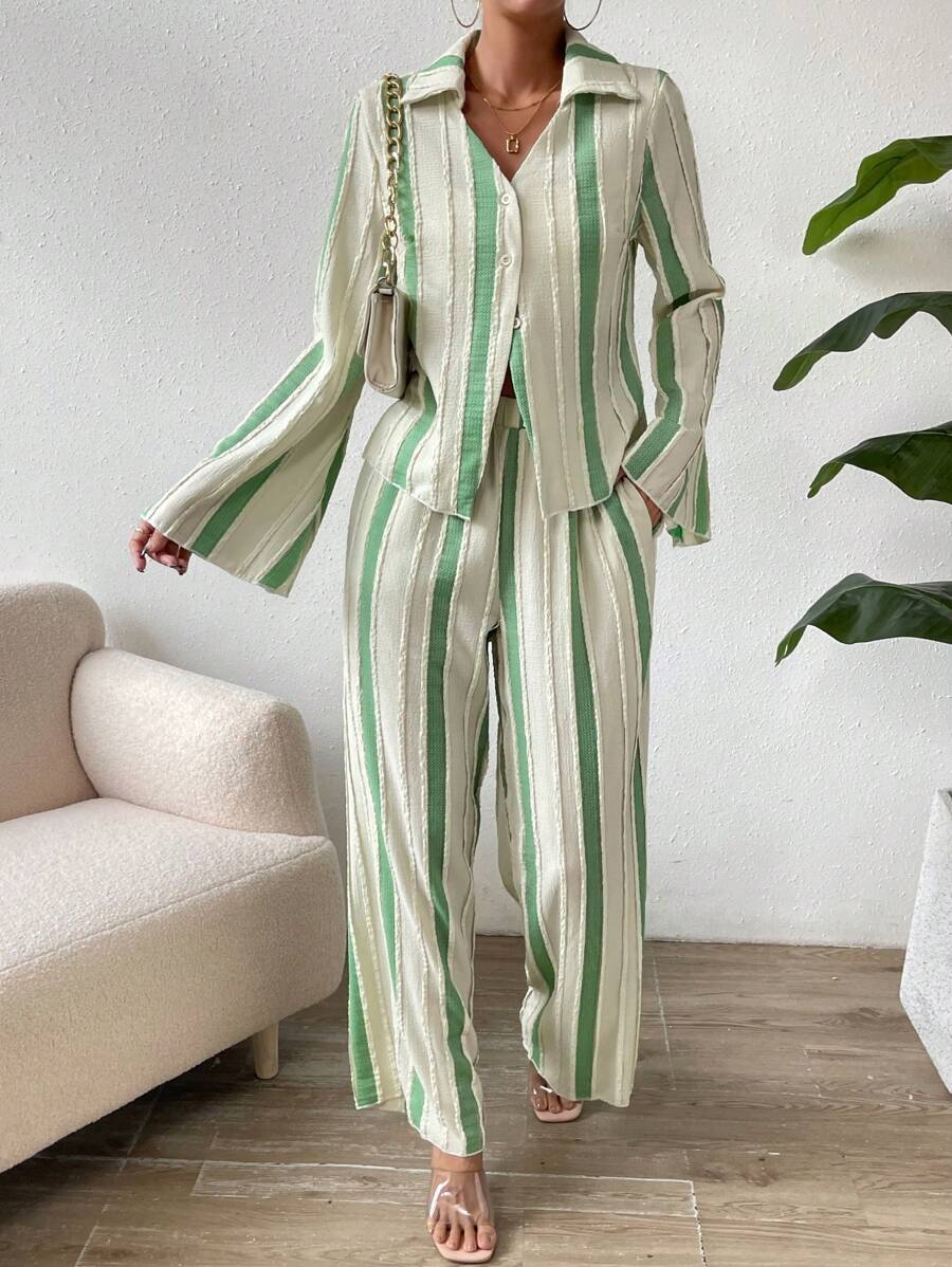 SHEIN Unity Striped Print Flare Sleeve Shirt & Wide Leg Pants Fall Cloth For Women - Apricot - View 1