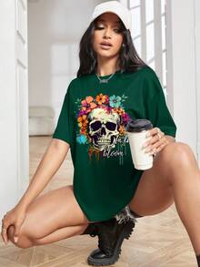 SHEIN EZwear Sọ Và In hoa Áo thun Thả vai - Màu xanh lá cây đậm - Xem 5