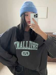 DAZY 字母圖案落肩大廓形套頭衫 - 深灰色 - 查看 2