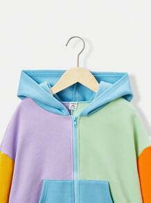SHEIN 少女撞色落肩拉链卫衣 - 彩色 - 查看 3
