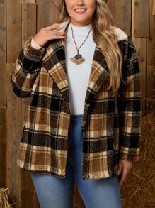 EMERY ROSE Plus Plaid Print Borg Collar Teddy Lined Thermal Coat, Fall/Winter - Multicolor - View 4