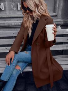 SHEIN LUNE 西裝領雙排釦腰帶花呢外套 - 咖啡棕 - 查看 1