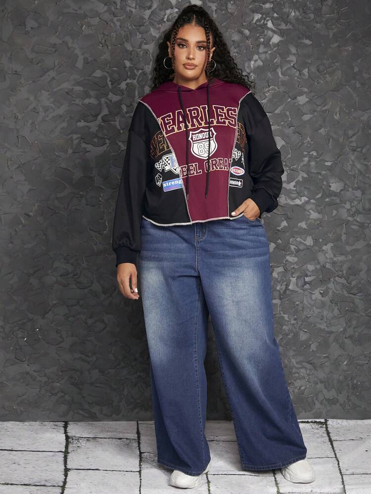 Plus Size Letter Graphic Colorblock Drop Shoulder Drawstring Sweatshirt