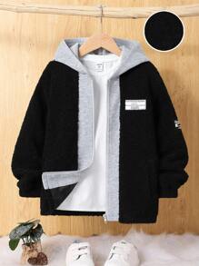 SHEIN Tween Boy Letter Patched Detail Hooded Teddy Coat Without Tee - Black - View 1